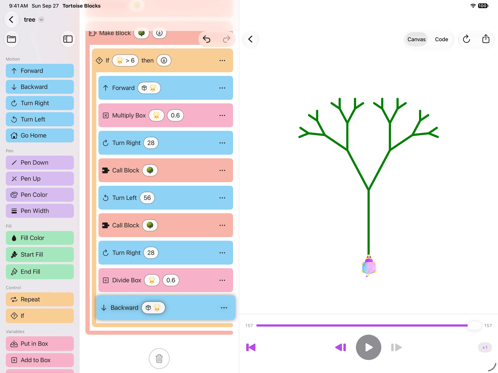 A definition block named 🌳 on iPad, holding an if block that moves
                forward and calls 🌳 twice, with the fractal tree it draws beside it.