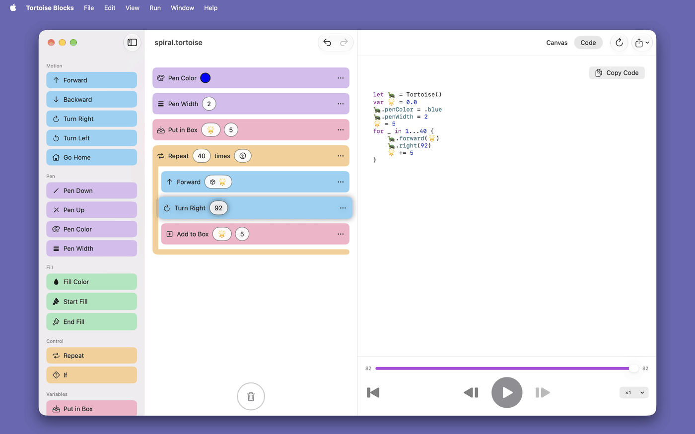 The code pane on a Mac showing the spiral program as Swift source.